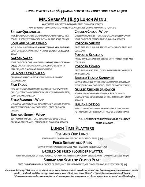 Mr shrimp belmar nj - Mr. Shrimp's Lunch Menu. $6.99. Lunch platters and menu served daily only from 11AM to 3PM. Only items already served with fries or onion straws. May substitute sweet potato fries, rice, vegetable or mashed potato for $1. 